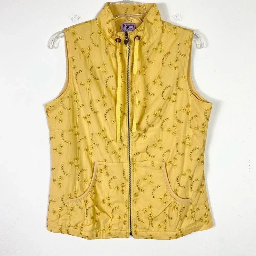 NWT City Hearts Yellow Floral Embroidered Eyelet Zip Up Vest Jacket Size S
